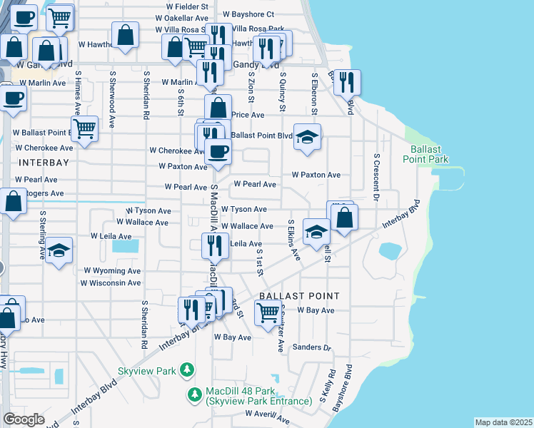 map of restaurants, bars, coffee shops, grocery stores, and more near 2818 West Wallace Avenue in Tampa