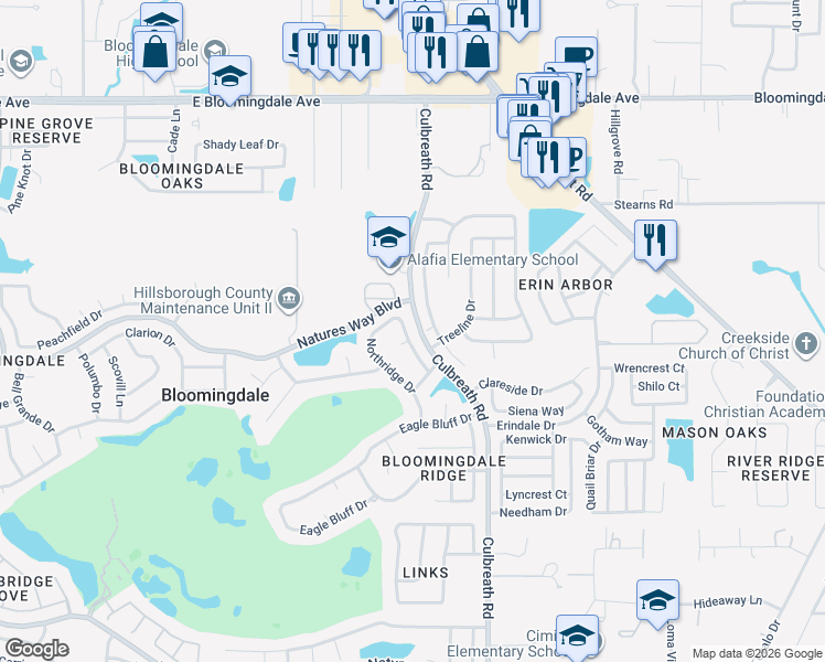 map of restaurants, bars, coffee shops, grocery stores, and more near 3926 Northridge Drive in Valrico