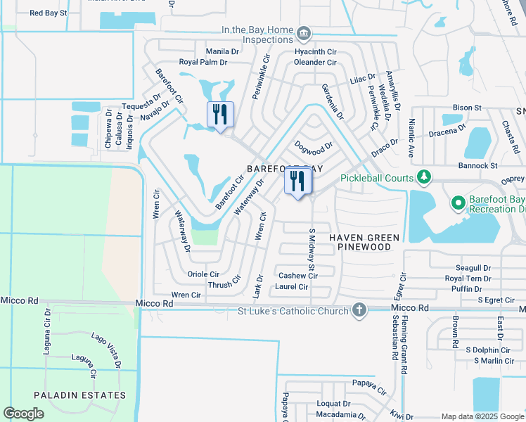 map of restaurants, bars, coffee shops, grocery stores, and more near 828 Wren Circle in Sebastian
