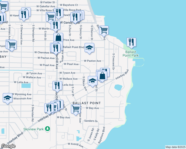 map of restaurants, bars, coffee shops, grocery stores, and more near 2709 West Leila Avenue in Tampa