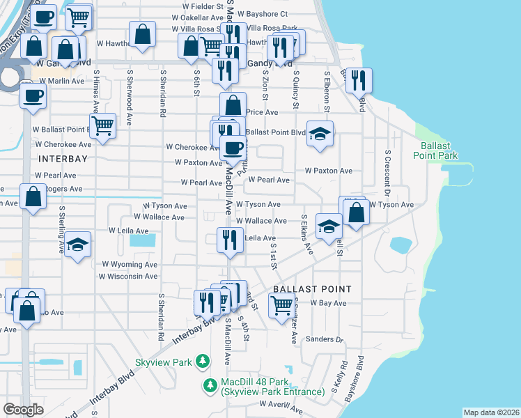 map of restaurants, bars, coffee shops, grocery stores, and more near 2916 West Wallace Avenue in Tampa