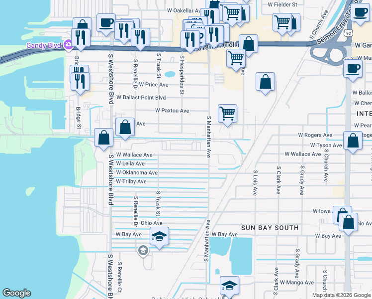 map of restaurants, bars, coffee shops, grocery stores, and more near 4422 West Wallace Avenue in Tampa