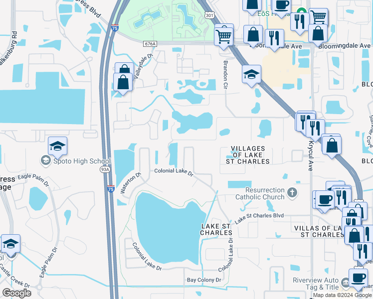 map of restaurants, bars, coffee shops, grocery stores, and more near 6617 Thackston Drive in Riverview