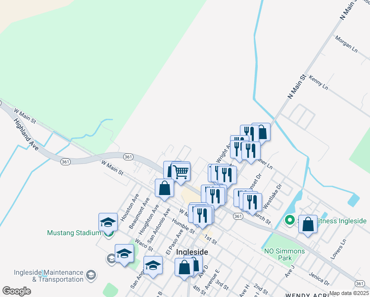 map of restaurants, bars, coffee shops, grocery stores, and more near 2706 Texas 361 in Ingleside
