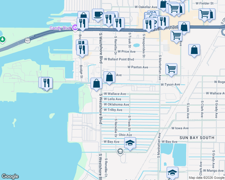 map of restaurants, bars, coffee shops, grocery stores, and more near 5400 South West Shore Boulevard in Tampa