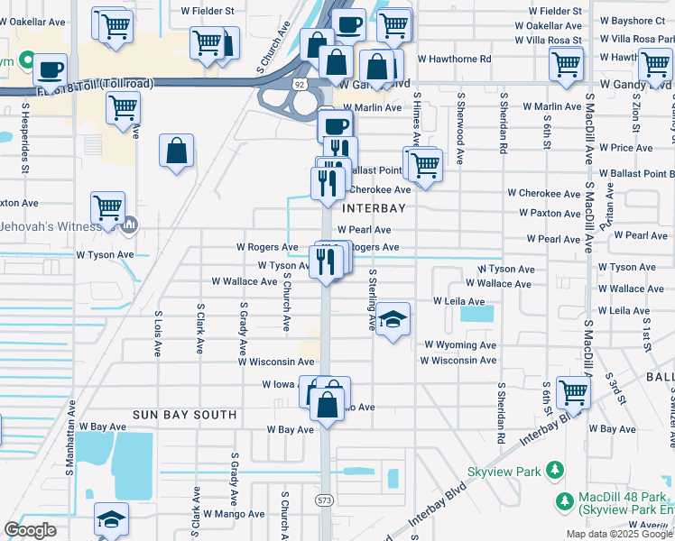 map of restaurants, bars, coffee shops, grocery stores, and more near in Tampa