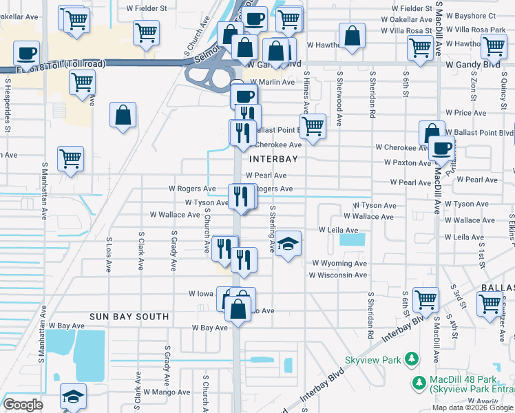 map of restaurants, bars, coffee shops, grocery stores, and more near 3602 West Rogers Avenue in Tampa
