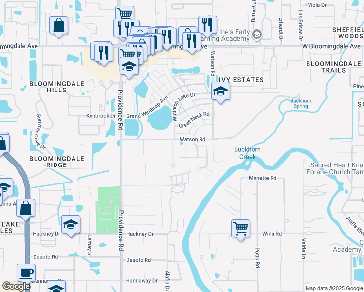 map of restaurants, bars, coffee shops, grocery stores, and more near 6607 Hidden Rose Place in Riverview