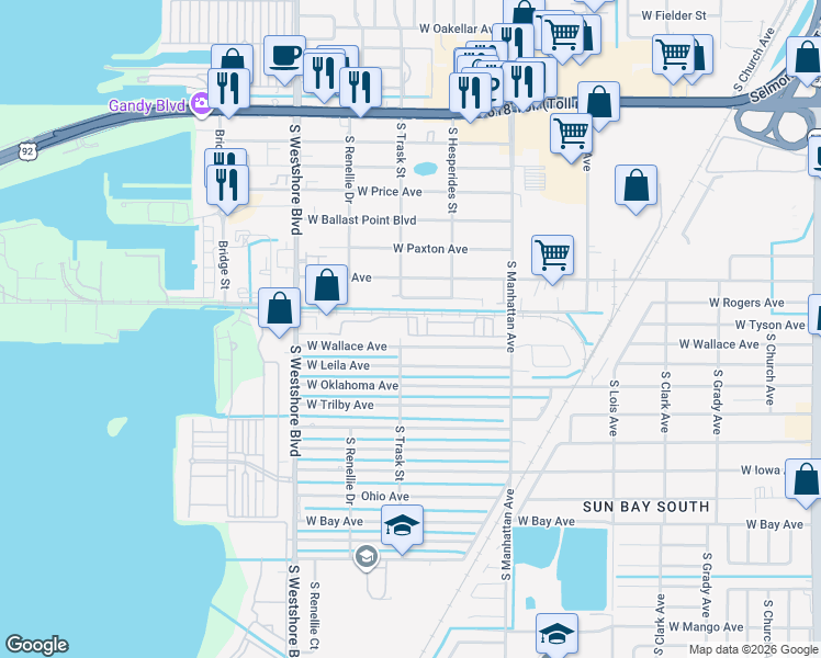 map of restaurants, bars, coffee shops, grocery stores, and more near 4520 West Rogers Avenue in Tampa