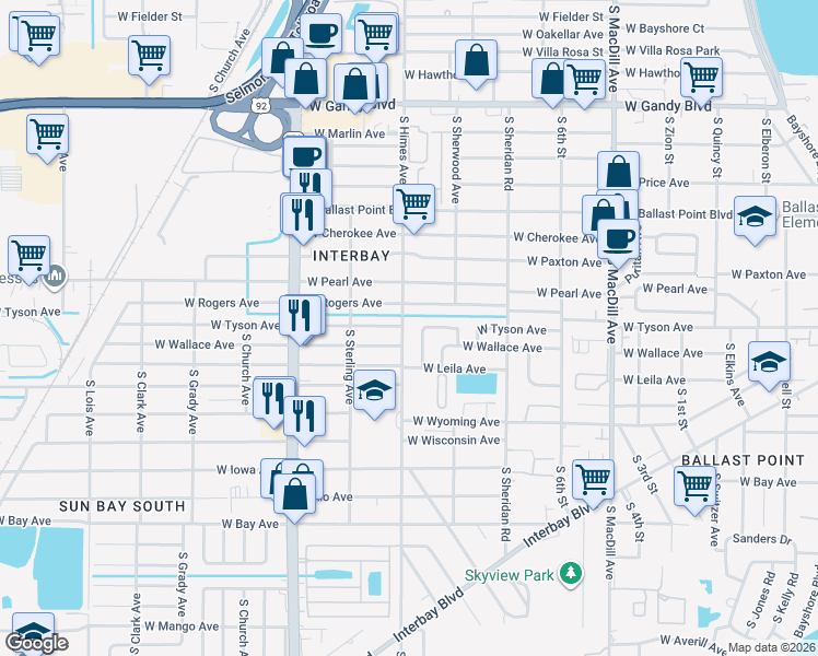 map of restaurants, bars, coffee shops, grocery stores, and more near 3414 West Rogers Avenue in Tampa