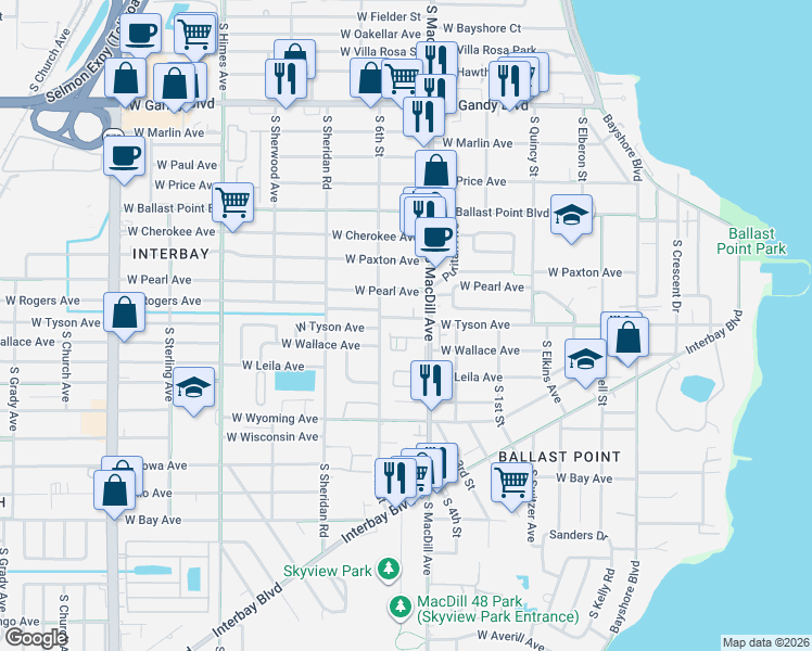 map of restaurants, bars, coffee shops, grocery stores, and more near 3115 West Tyson Avenue in Tampa