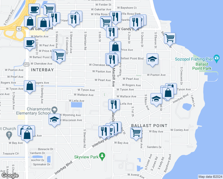 map of restaurants, bars, coffee shops, grocery stores, and more near 5401 South MacDill Avenue in Tampa