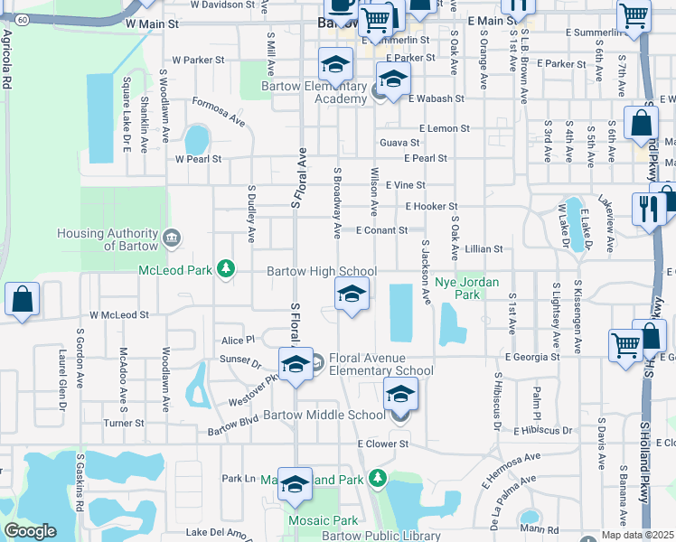 map of restaurants, bars, coffee shops, grocery stores, and more near 1100 South Broadway Avenue in Bartow