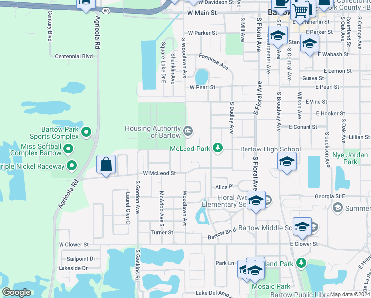 map of restaurants, bars, coffee shops, grocery stores, and more near 1140 South Woodlawn Avenue in Bartow