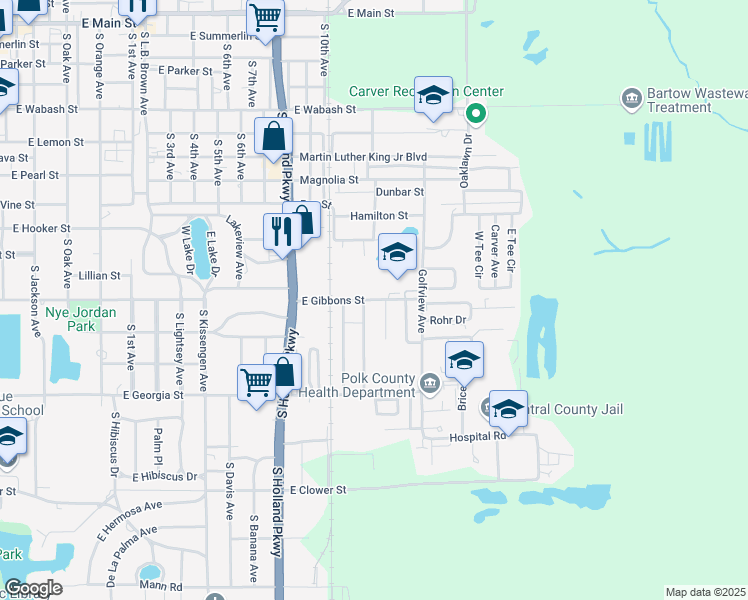 map of restaurants, bars, coffee shops, grocery stores, and more near 1860 East Gibbons Street in Bartow