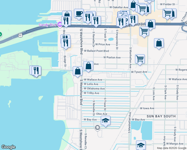 map of restaurants, bars, coffee shops, grocery stores, and more near 5400 South West Shore Boulevard in Tampa