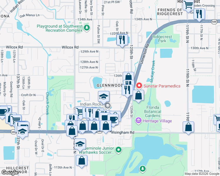 map of restaurants, bars, coffee shops, grocery stores, and more near 12501 Ulmerton Road in Largo