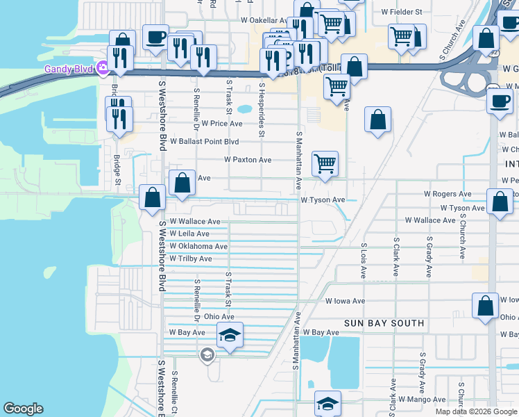 map of restaurants, bars, coffee shops, grocery stores, and more near 4526 Bay Spring Court in Tampa