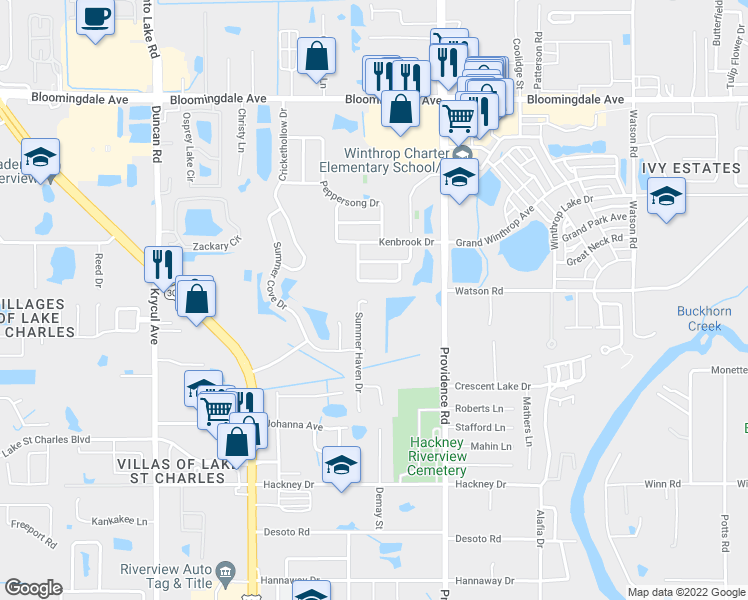 map of restaurants, bars, coffee shops, grocery stores, and more near 6601 Summer Haven Drive in Riverview