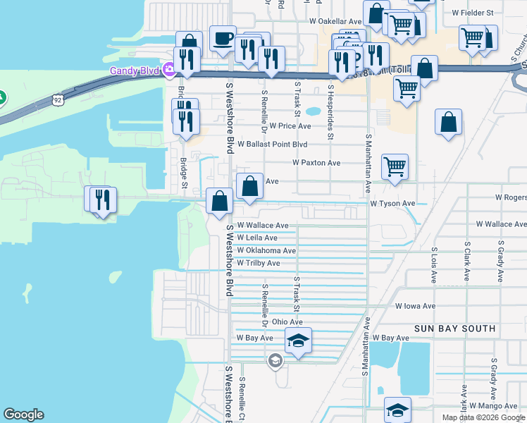 map of restaurants, bars, coffee shops, grocery stores, and more near 5400 South West Shore Boulevard in Tampa