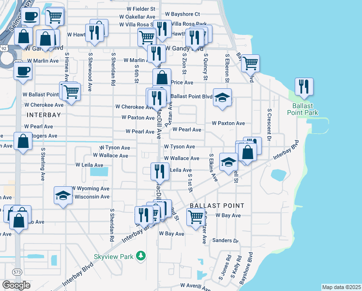 map of restaurants, bars, coffee shops, grocery stores, and more near 2926 West Rogers Avenue in Tampa