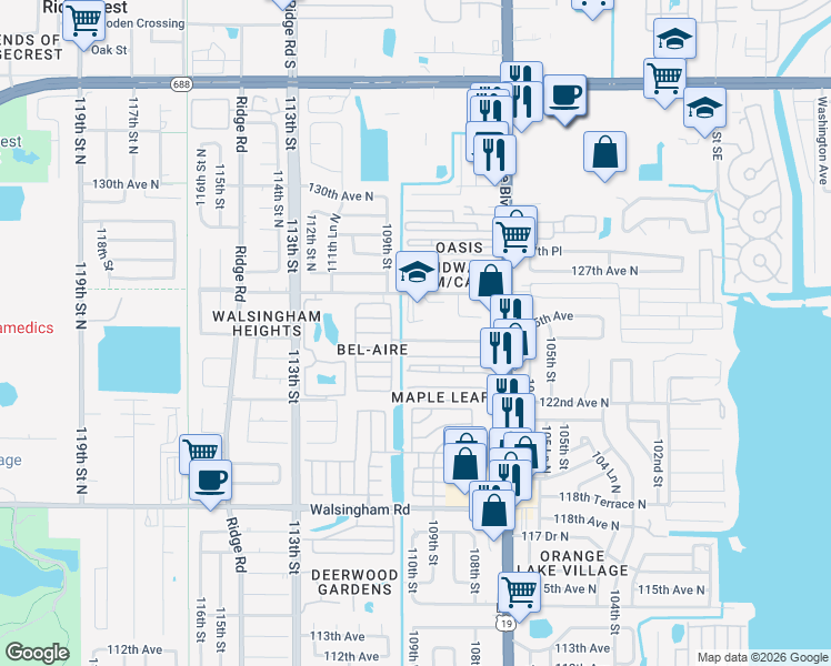 map of restaurants, bars, coffee shops, grocery stores, and more near 10993 124th Avenue North in Seminole