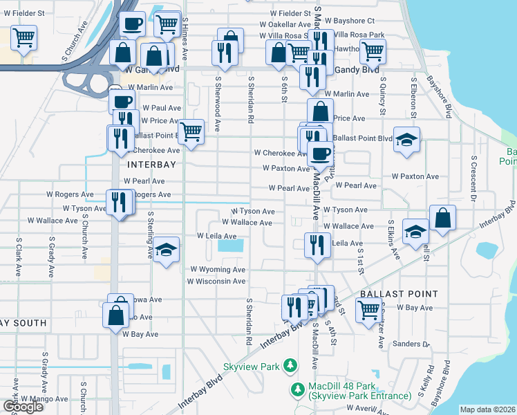 map of restaurants, bars, coffee shops, grocery stores, and more near 3208 West Rogers Avenue in Tampa