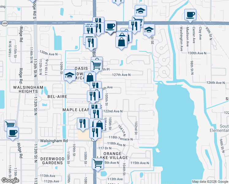 map of restaurants, bars, coffee shops, grocery stores, and more near 10427 124th Terrace in Largo