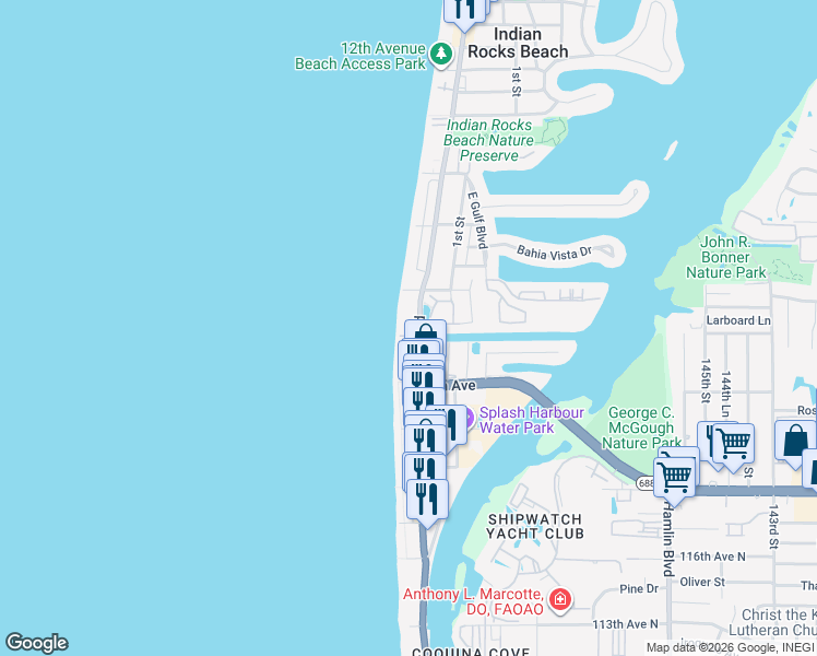 map of restaurants, bars, coffee shops, grocery stores, and more near 604 Gulf Boulevard in Indian Rocks Beach