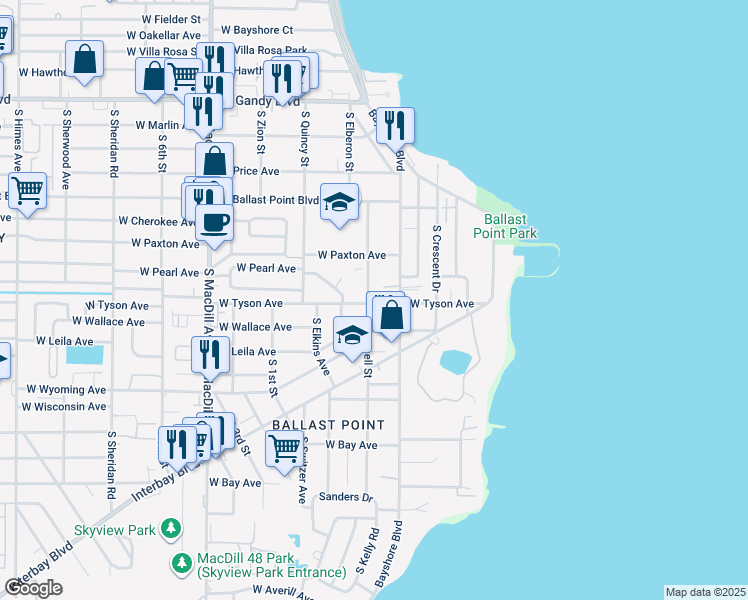 map of restaurants, bars, coffee shops, grocery stores, and more near 5326 South Russell Street in Tampa
