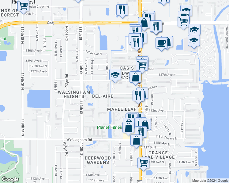map of restaurants, bars, coffee shops, grocery stores, and more near 10993 124th Avenue North in Seminole