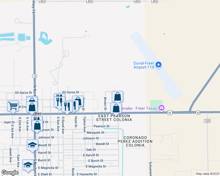 map of restaurants, bars, coffee shops, grocery stores, and more near 1015 East Eli Garza Street in Freer