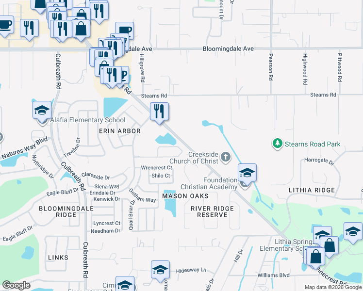 map of restaurants, bars, coffee shops, grocery stores, and more near 2541 Centennial Falcon Drive in Valrico