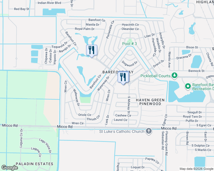 map of restaurants, bars, coffee shops, grocery stores, and more near 781 Lark Drive in Sebastian