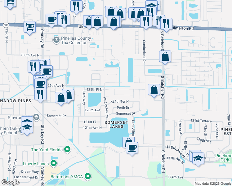 map of restaurants, bars, coffee shops, grocery stores, and more near 8150 CottonWoode Drive in Largo