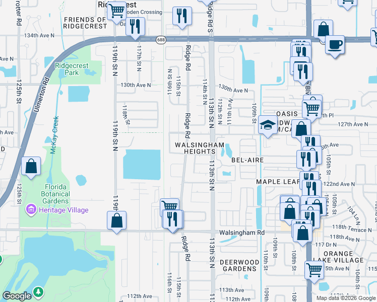 map of restaurants, bars, coffee shops, grocery stores, and more near 12425 Ridge Road in Largo
