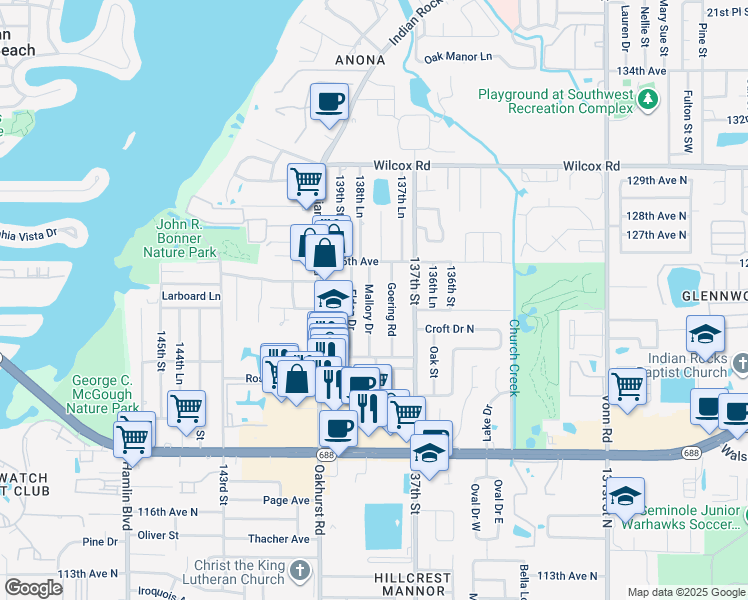 map of restaurants, bars, coffee shops, grocery stores, and more near 12287 Mallory Drive in Largo