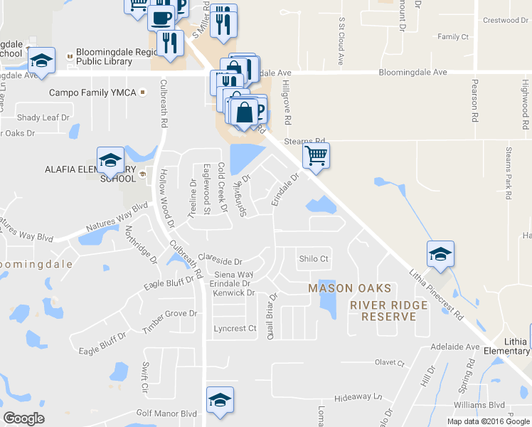 map of restaurants, bars, coffee shops, grocery stores, and more near 1906 River Crossing Drive in Valrico