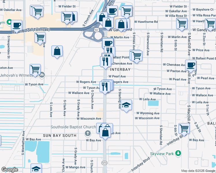 map of restaurants, bars, coffee shops, grocery stores, and more near in Tampa