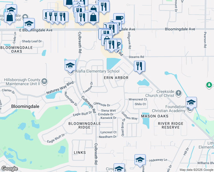 map of restaurants, bars, coffee shops, grocery stores, and more near 3518 Springville Drive in Valrico