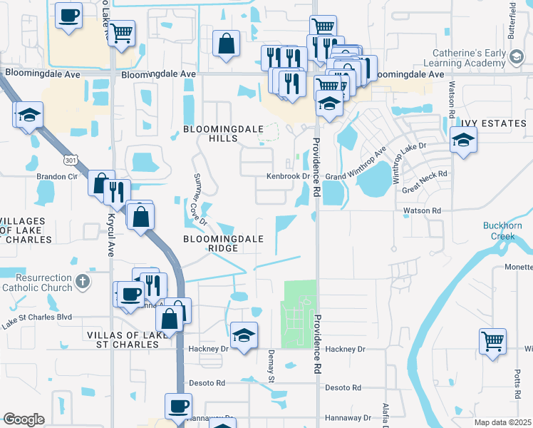 map of restaurants, bars, coffee shops, grocery stores, and more near 10919 Brucehaven Drive in Riverview