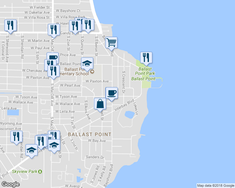 map of restaurants, bars, coffee shops, grocery stores, and more near 2607 West Tyson Avenue in Tampa