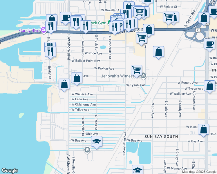 map of restaurants, bars, coffee shops, grocery stores, and more near 4529 Bay Spring Court in Tampa