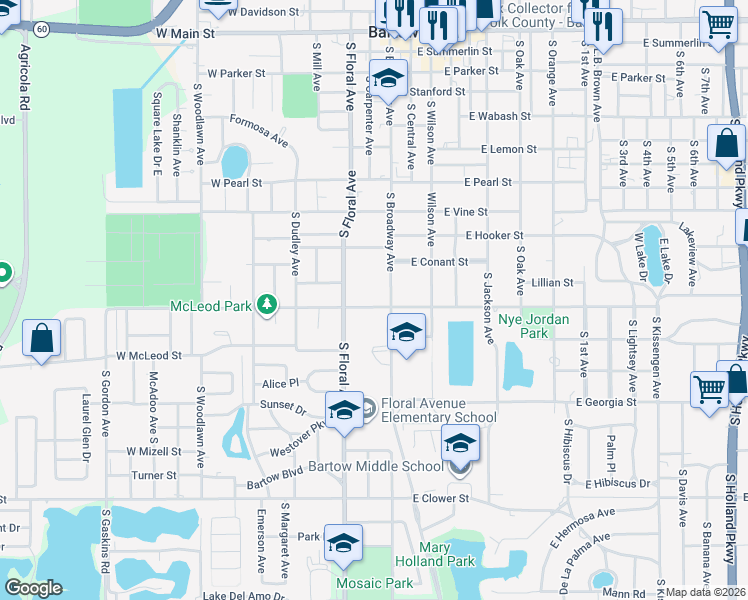 map of restaurants, bars, coffee shops, grocery stores, and more near 145 West Stuart Street in Bartow
