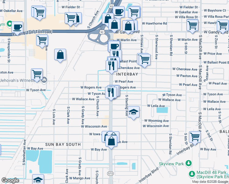 map of restaurants, bars, coffee shops, grocery stores, and more near 3729 West Tyson Avenue in Tampa