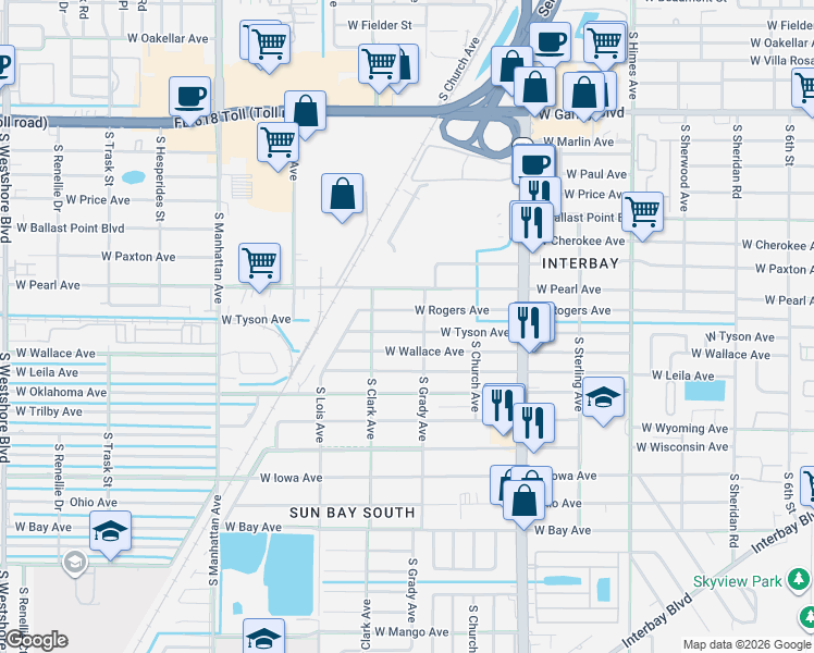 map of restaurants, bars, coffee shops, grocery stores, and more near 4005 West Tyson Avenue in Tampa