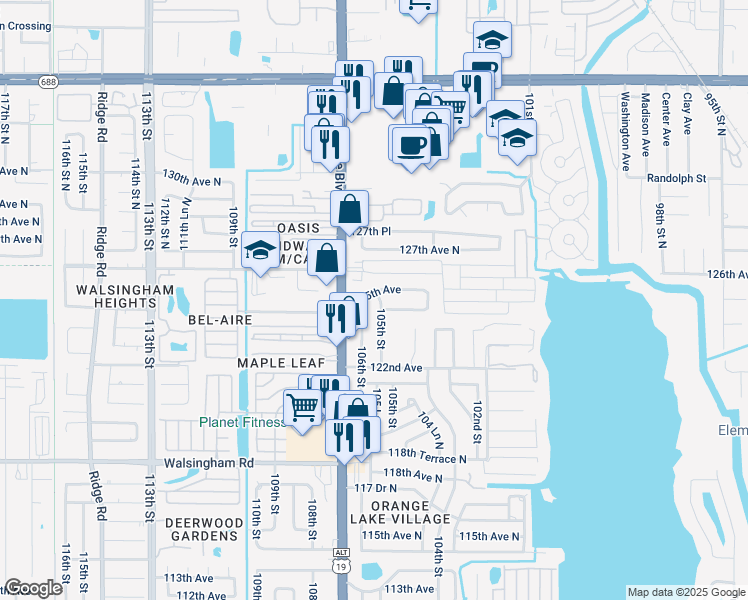 map of restaurants, bars, coffee shops, grocery stores, and more near 10472 125th Avenue in Largo
