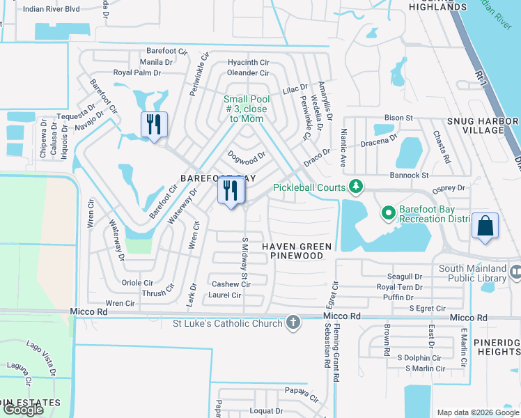 map of restaurants, bars, coffee shops, grocery stores, and more near 802 Beech Court in Sebastian