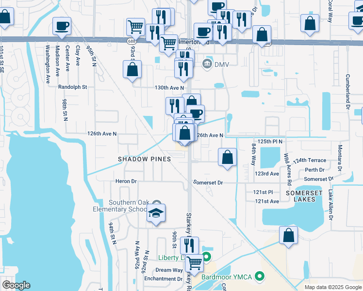 map of restaurants, bars, coffee shops, grocery stores, and more near 12554 Starkey Road in Largo