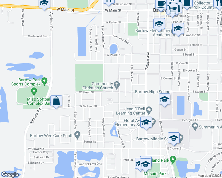 map of restaurants, bars, coffee shops, grocery stores, and more near 886 West Stuart Street in Bartow